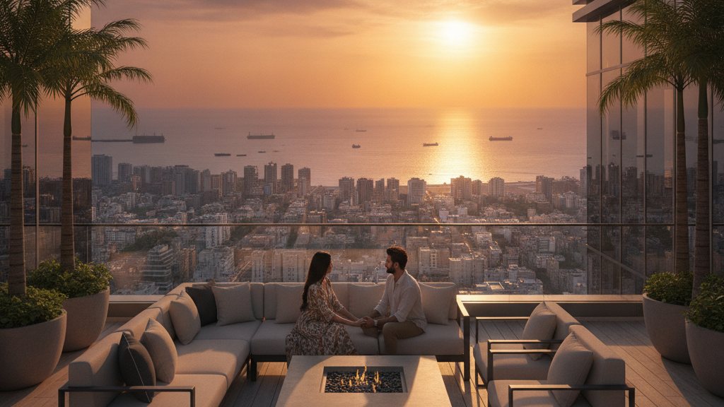 Rooftop terrace of a modern high-rise apartment at sunset